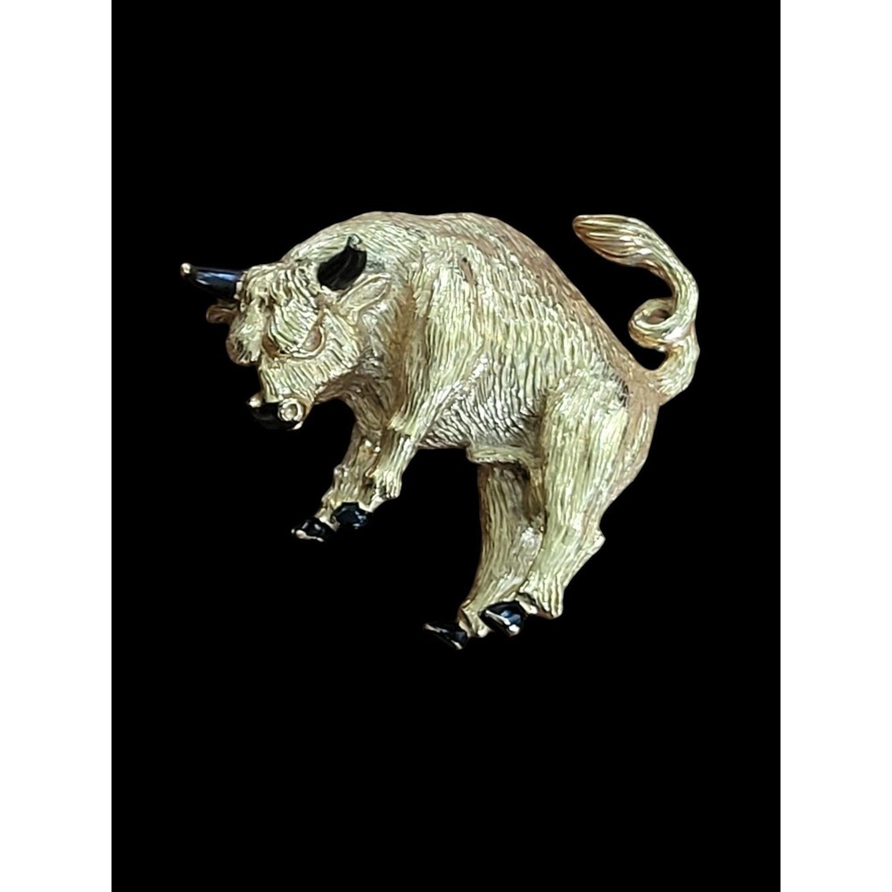 Rare Panetta Charging Bull Vintage Gold Tone Enamel Brooch Pin Unisex 2 Inch